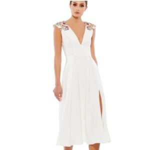 NWT Mac Duggal White Midi Dress with Floral Gems
